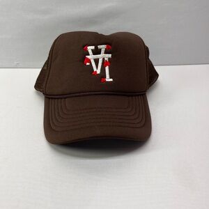 Classic Brown Trucker Hat with Red and White Logo and hearts